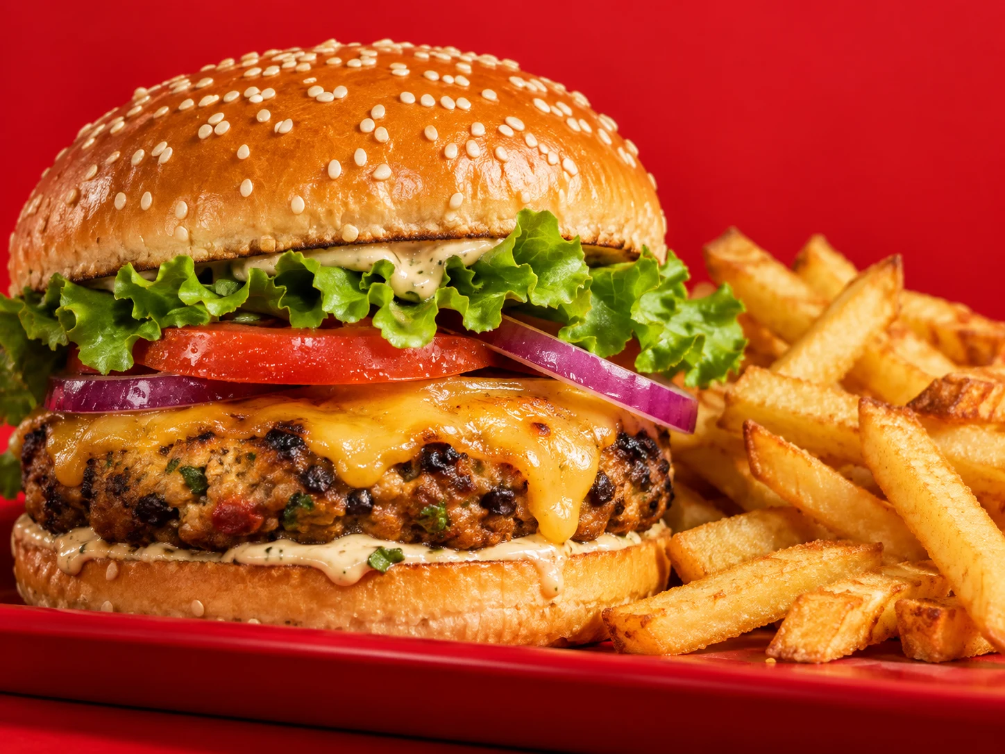 Golden burger with lettuce, tomato and melted cheese, served with crisp fries on a red tray